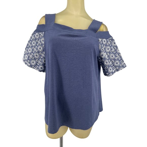 Chicos Womens Knit Cold Shoulder Top Blue eyelet sleeves Size large - Picture 1 of 4